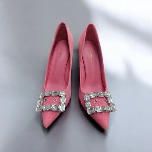 Fashion Nova Pink Fabric Heels with Crystal Embellishment Size 8.5M